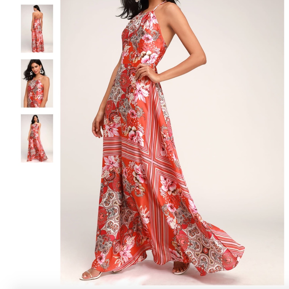 LULUS RED PATTERNED SATIN MAXI DRESS